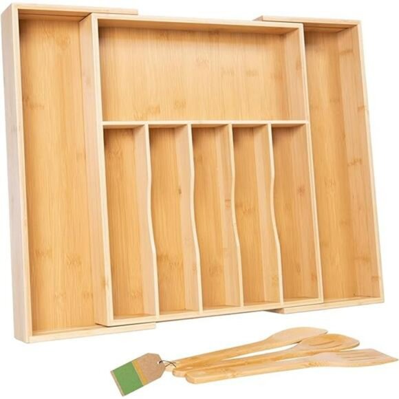 Expandable bamboo silverware drawer organizer large utensil flatware cutlery tra - Picture 8 of 8